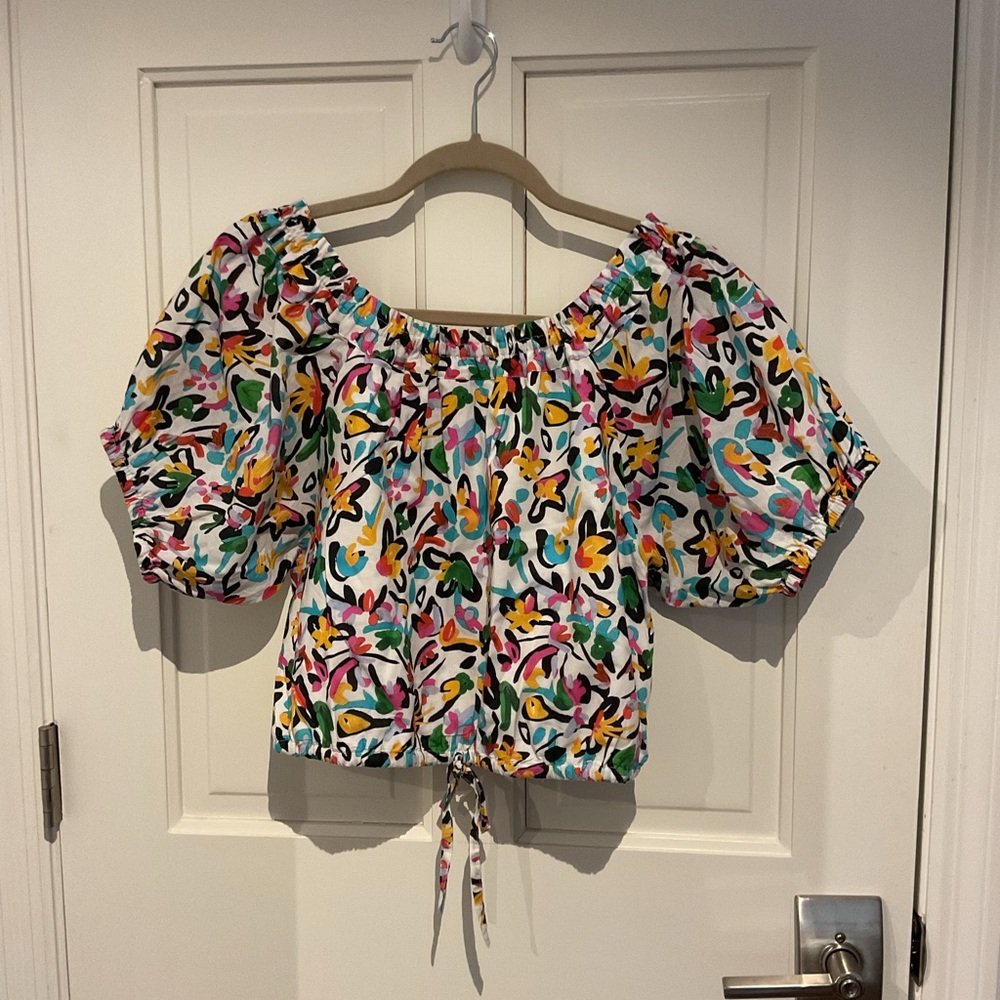 Tanya Taylor White Off-Shoulder Floral Puff-Sleeve Top